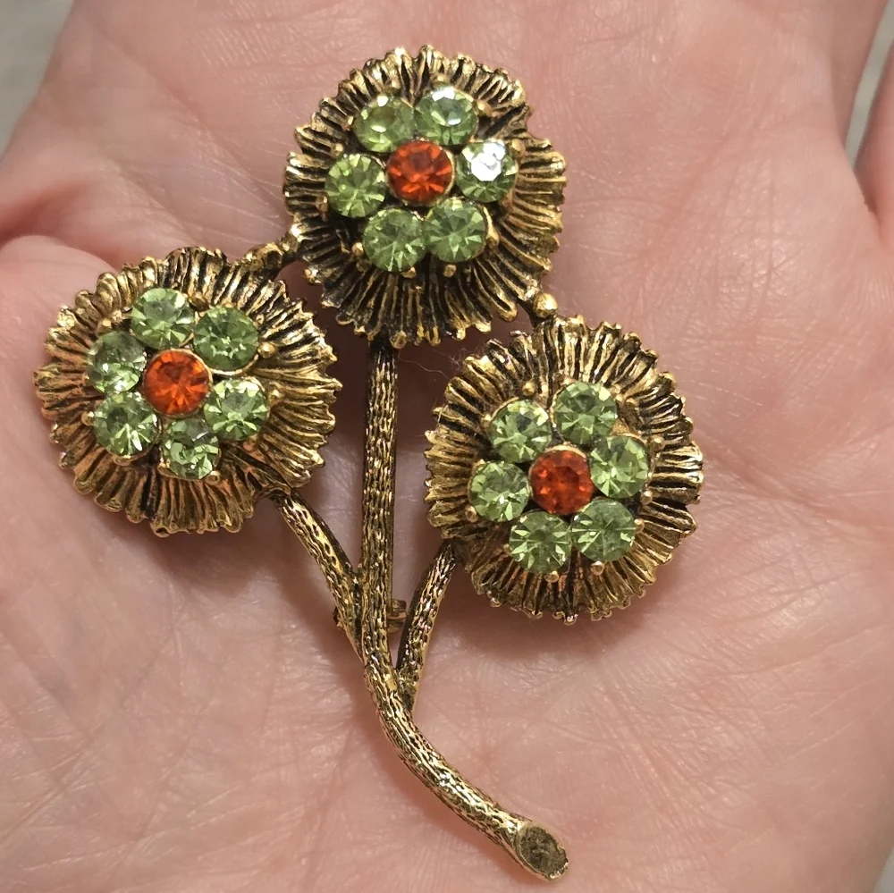 Gold Floral Brooch with Green and Orange Accents Vintage Metal Charm Assessory
